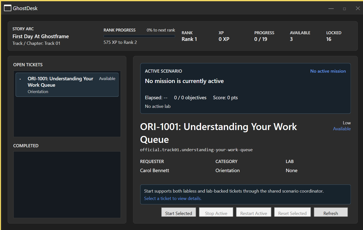 Real beta capture: the GhostDesk work queue, shown with an orientation ticket. Operational tickets use the same work-queue workflow; this image is not a capture of the TFTP ticket.